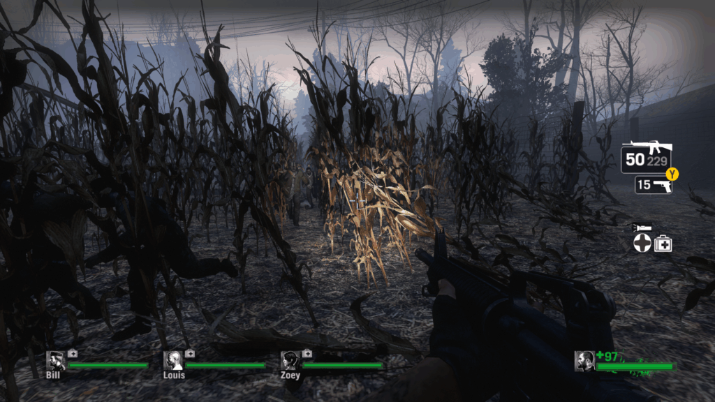 Zombies run at the player from inside a corn field.