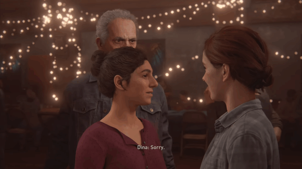 Ellie and Dina at a dance with lights hanging in the background.
