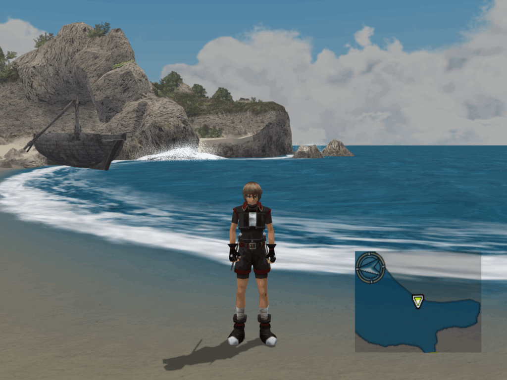 The main character explores a desolate beach.