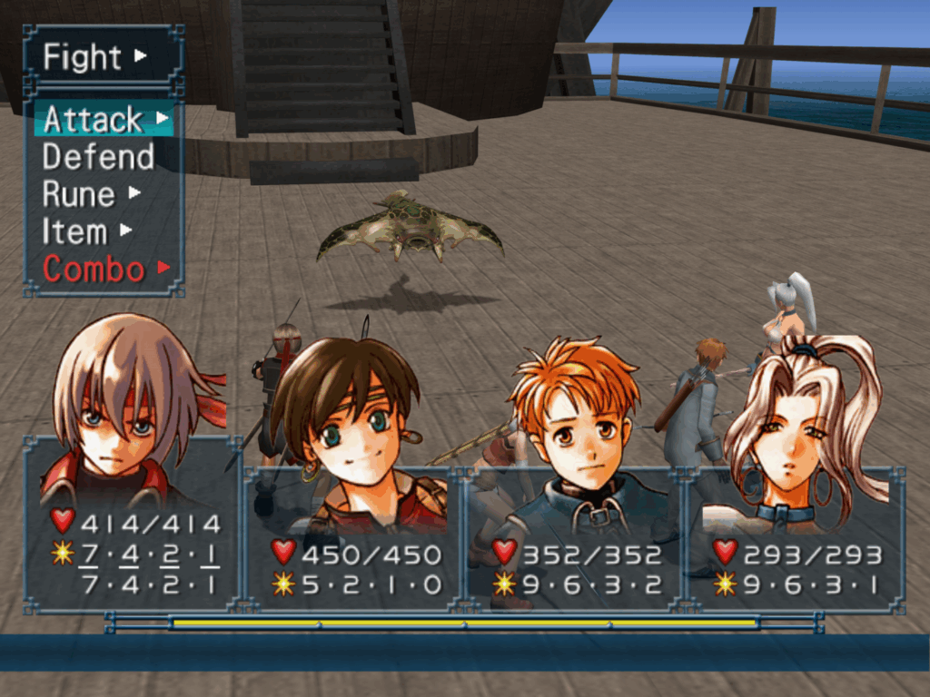 A battle scene with a full party versus a green stingray.