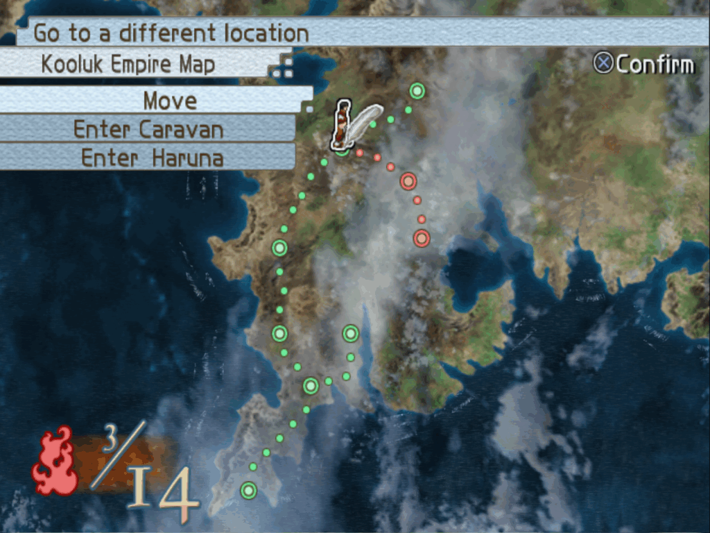 The map screen for moving to different areas within the world of Suikoden Tactics.