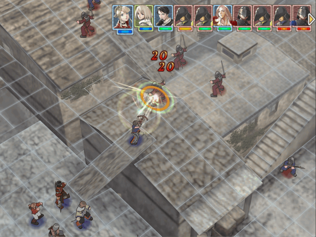 A character launches a multiple strike attack against an enemy during battle.