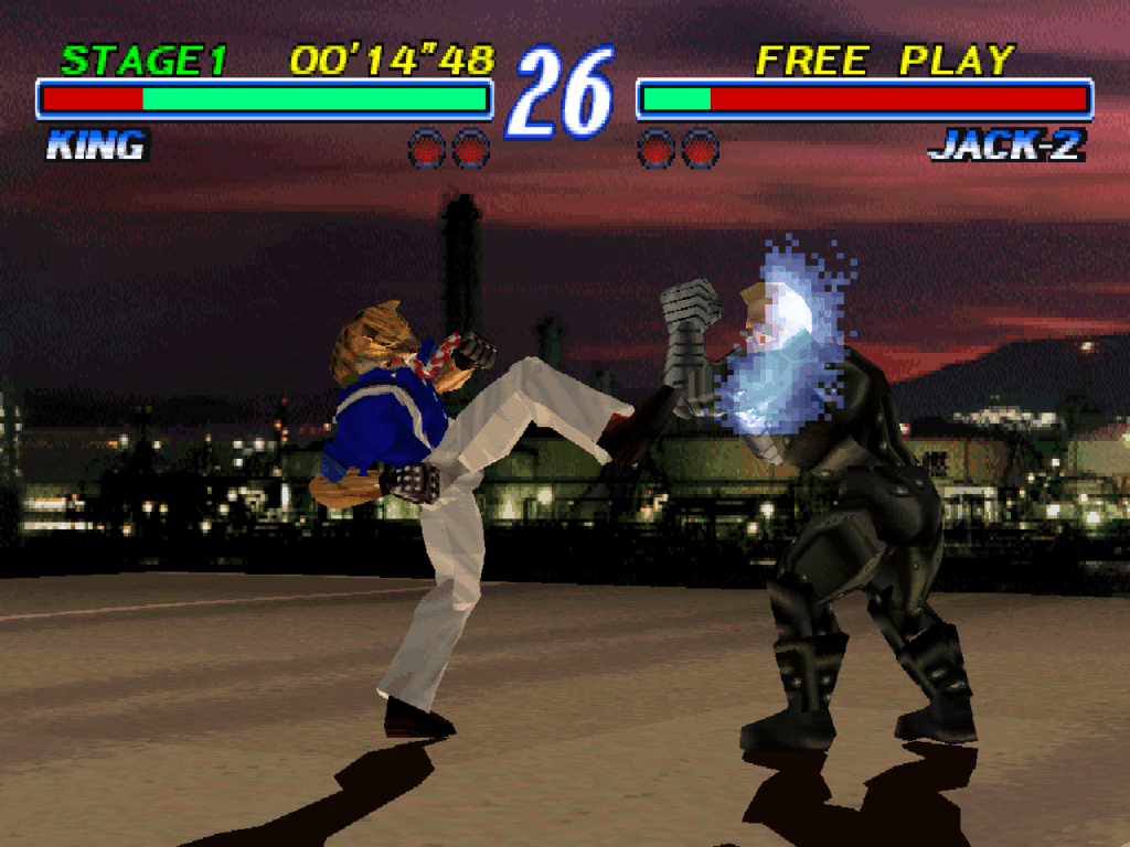 King throws a kick at Jack-2 in a stage where the sun is setting.