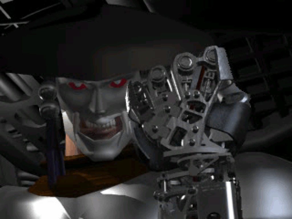 Yoshimitsu poses with a mechanical hand in the introductory full motion video sequence.