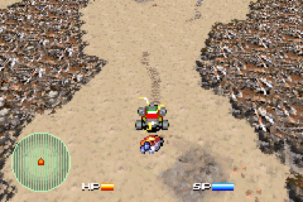 Joe's car follows visible tire marks on the ground in a stage with a brown floor and mountains.