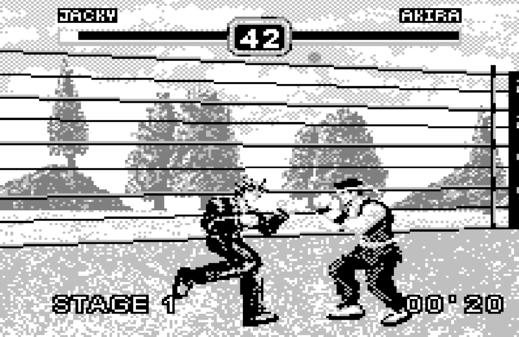 Jacky and Akira fight in an outdoor arena.