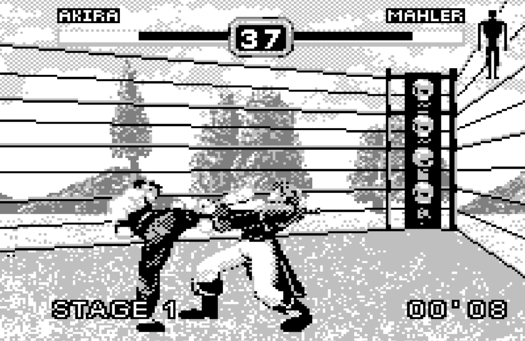 Akira kicks the character Mahler during a fight.