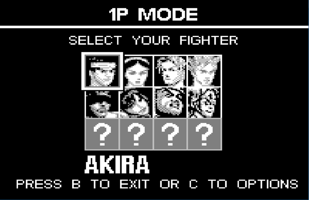 The character selection screen in Fighter's Megamix for the Tiger Game.com