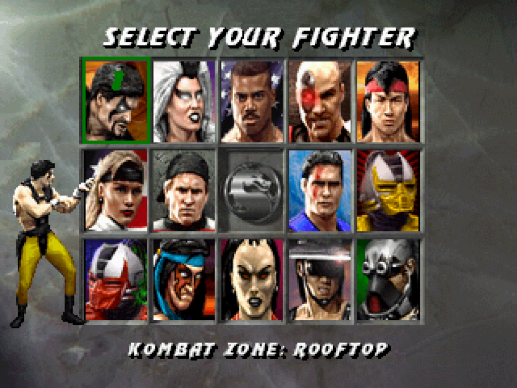 The character select screen in the PS1 version of Mortal Kombat 3.