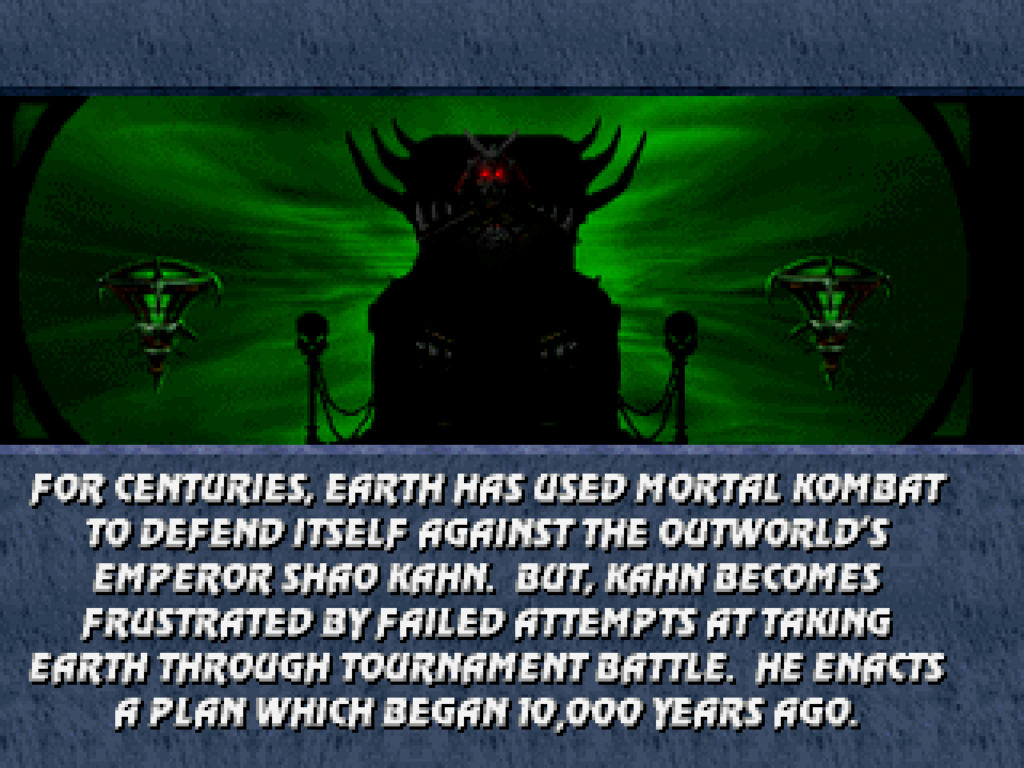 An introductory screen with text explaining the story in Mortal Kombat 3.