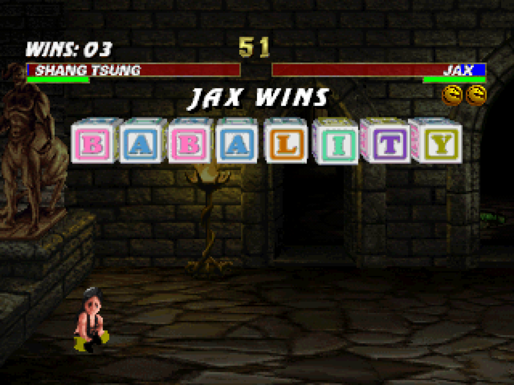 Jax performs a babality finishing move against Shang Tsung.