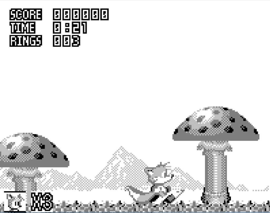 The character Tails runs through an outdoor stage with mushrooms in the background.