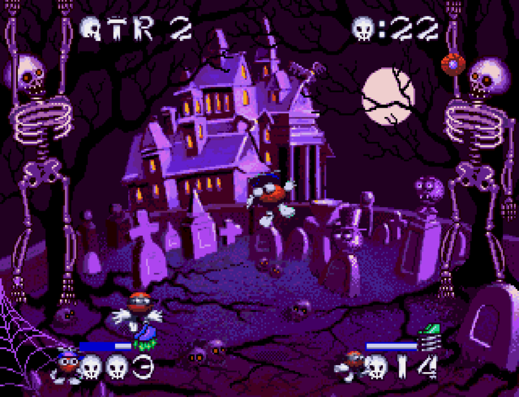 Two balls fight against each other in a haunted house based stage.