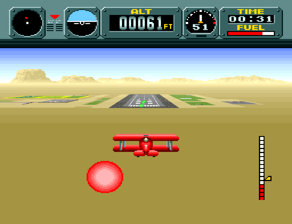 The light plane flies over the desert toward a runway to land on.