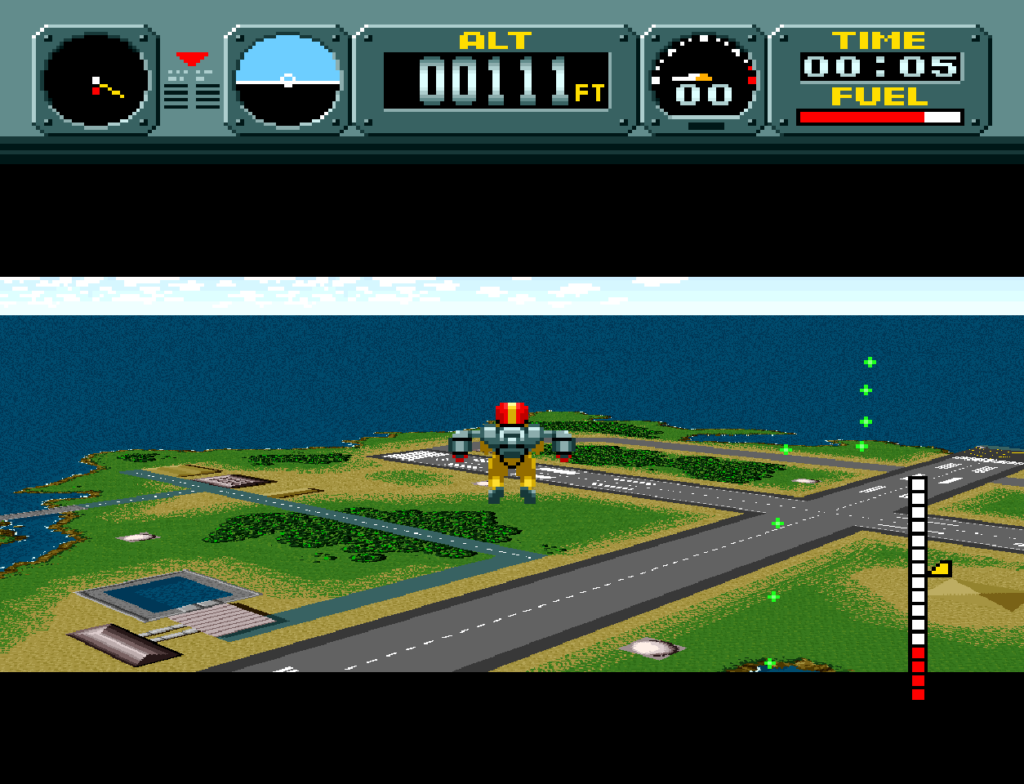 The player flies around an island using the jet pack.