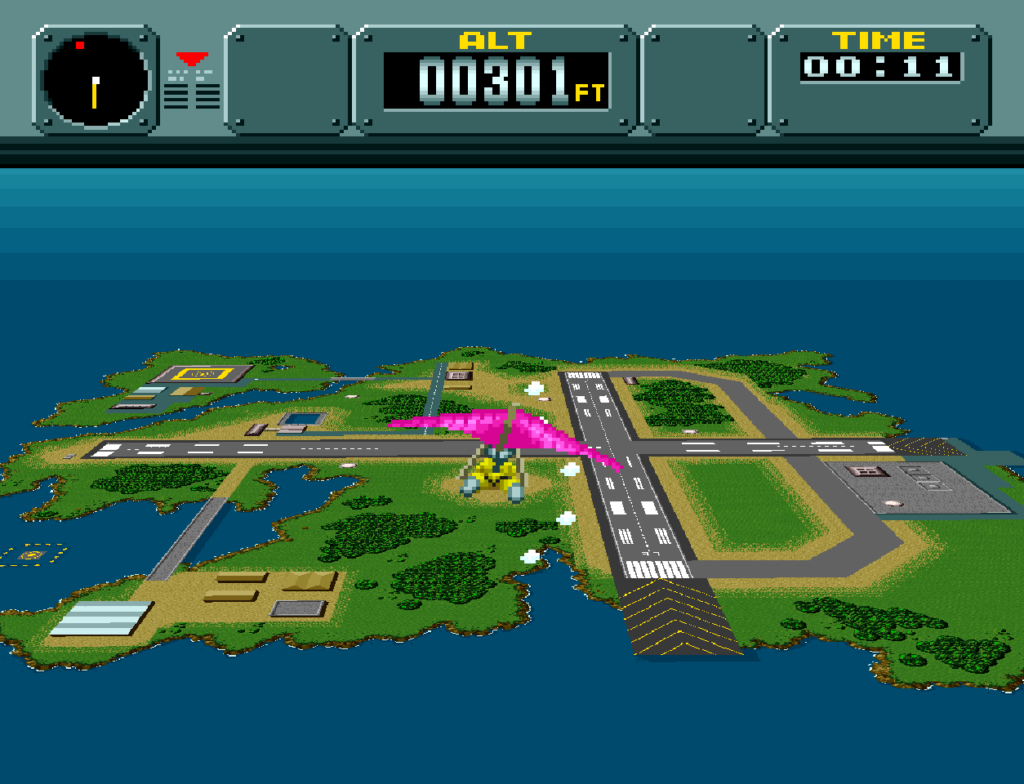 The hang glider descends slowly toward a runway.