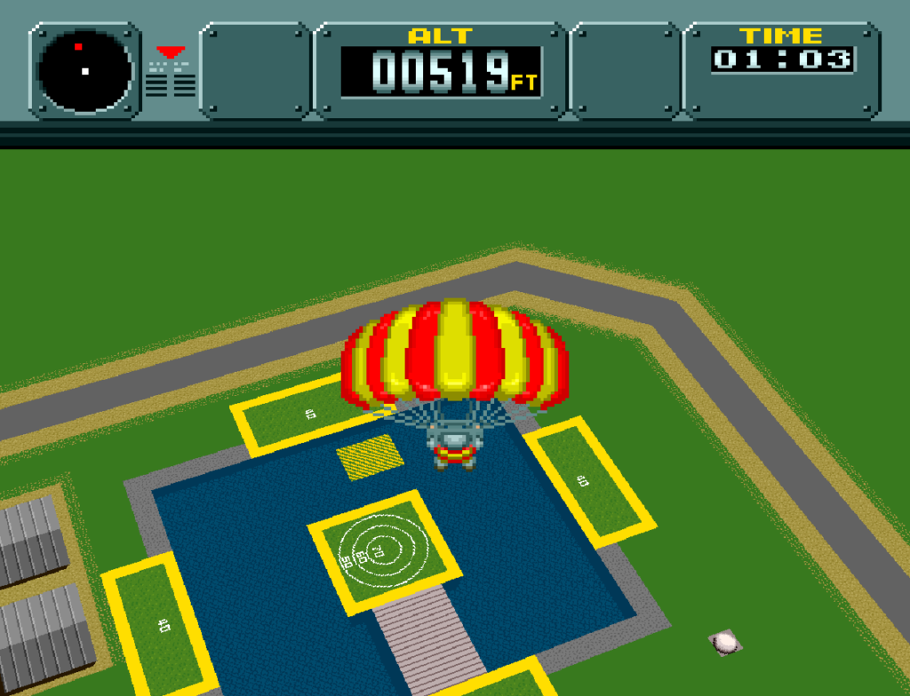 The player parachutes downward toward a series of different targets with individual point values.
