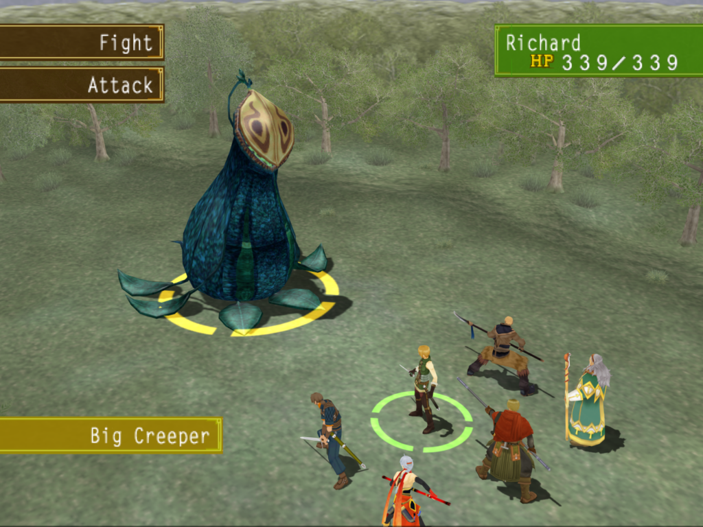 A party of six characters engages a giant plant in battle.