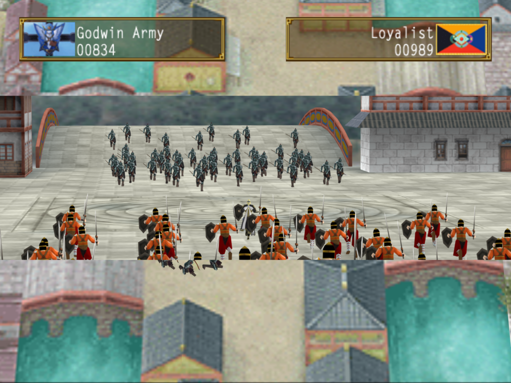 A war battle sequence depicting two armies running toward one another.