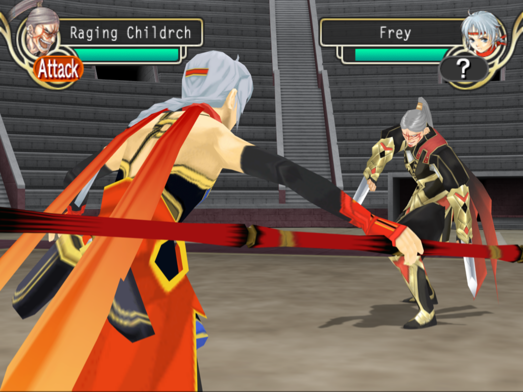 The main character engages in a duel against a character named Childerich.