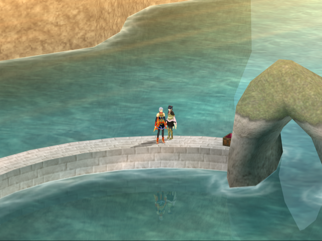 The main character and Lyon explore ruins on the waterside.