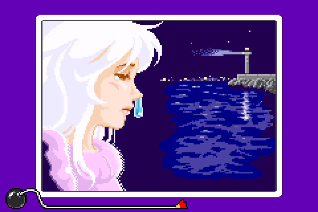 A scene at night in front of the ocean with a lighthouse in the background, and a girl with snot hanging from her nose in front.