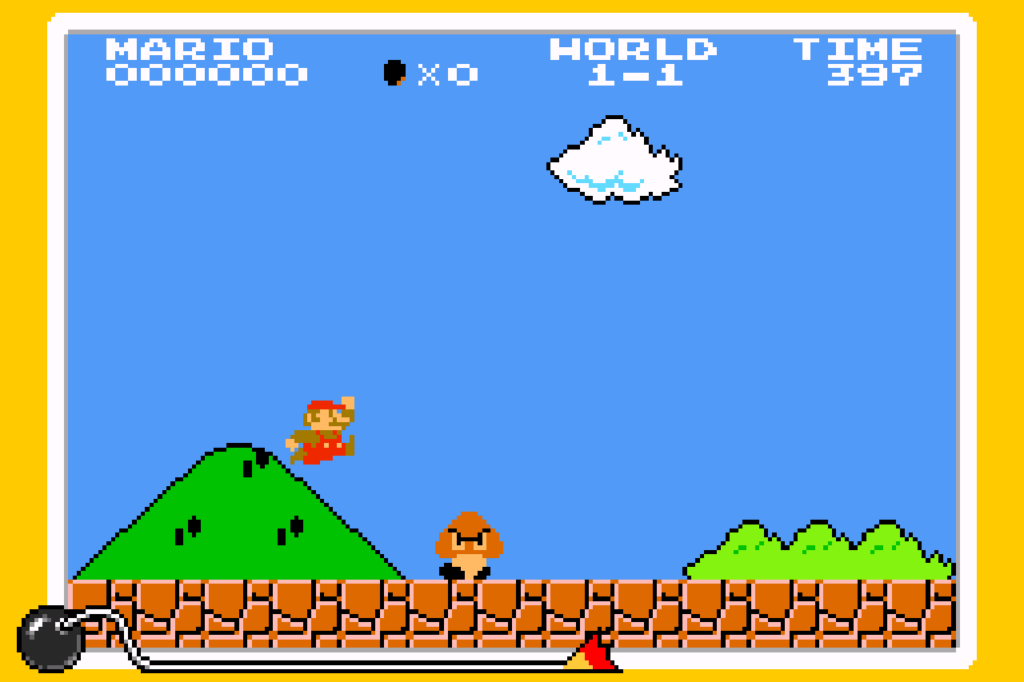 A scene from the original Super Mario Bros. with Mario jumping toward a goomba.