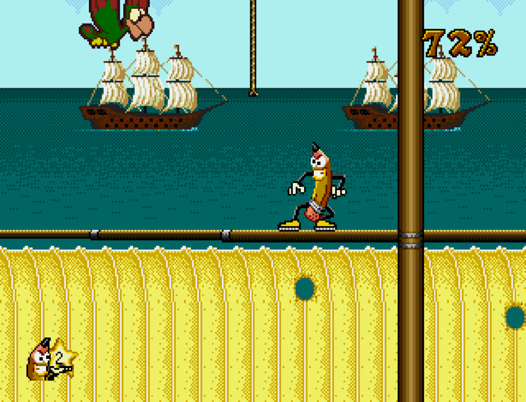 Wild Woody stands atop a sail on a pirate ship with other boats in the distance.