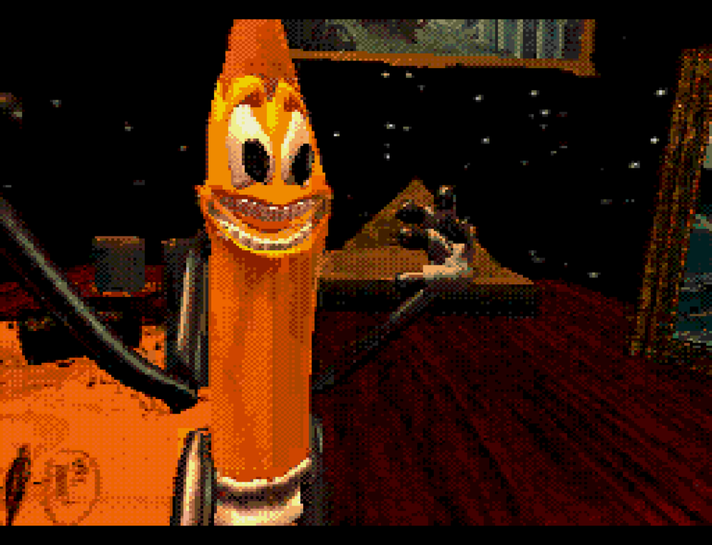 Wild Woody smiles at the camera during a full motion video sequence.