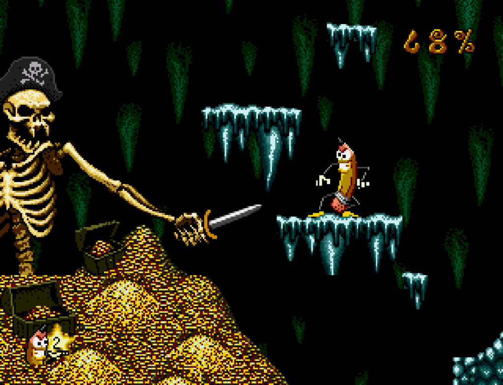 The main character faces off against a giant pirate skeleton during a boss fight.