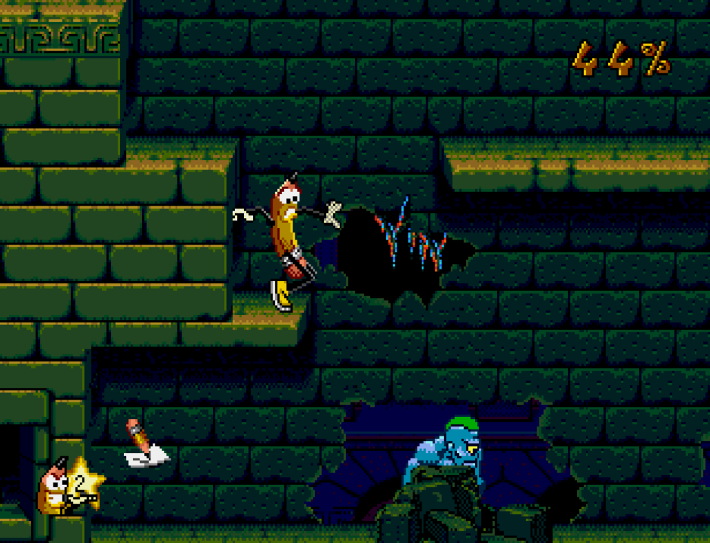 Woody balances on the edge of a platform with an enemy walking around below.