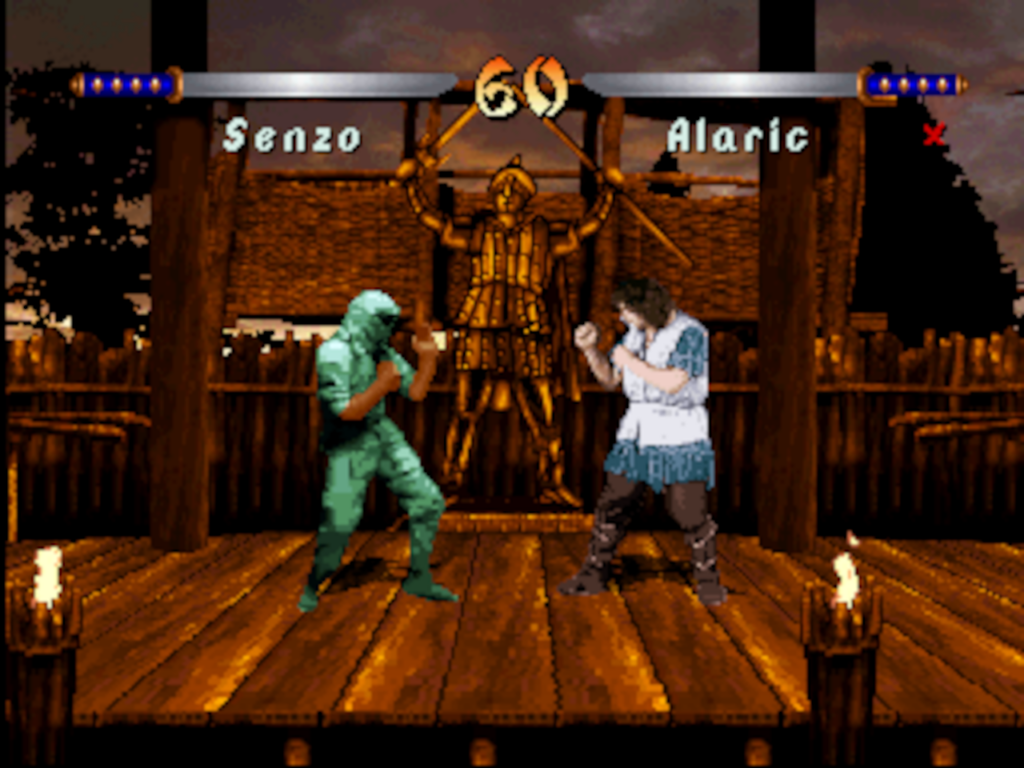 Senzo and Alaric battle in an indoor stage fashioned like a temple.