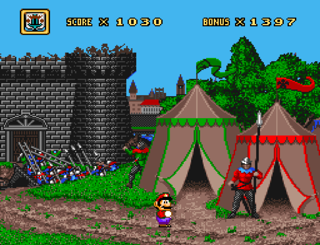 Mario walks around in a medieval themed area.