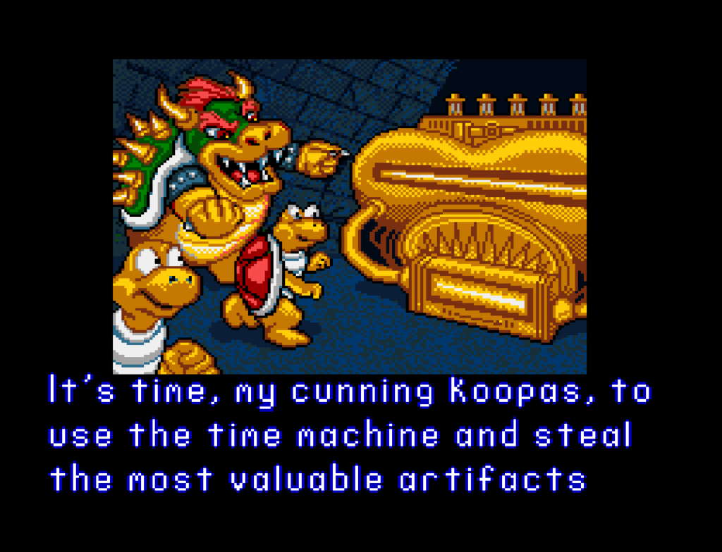 The opening story sequence depicting Bowser and his minion koopa troopas.