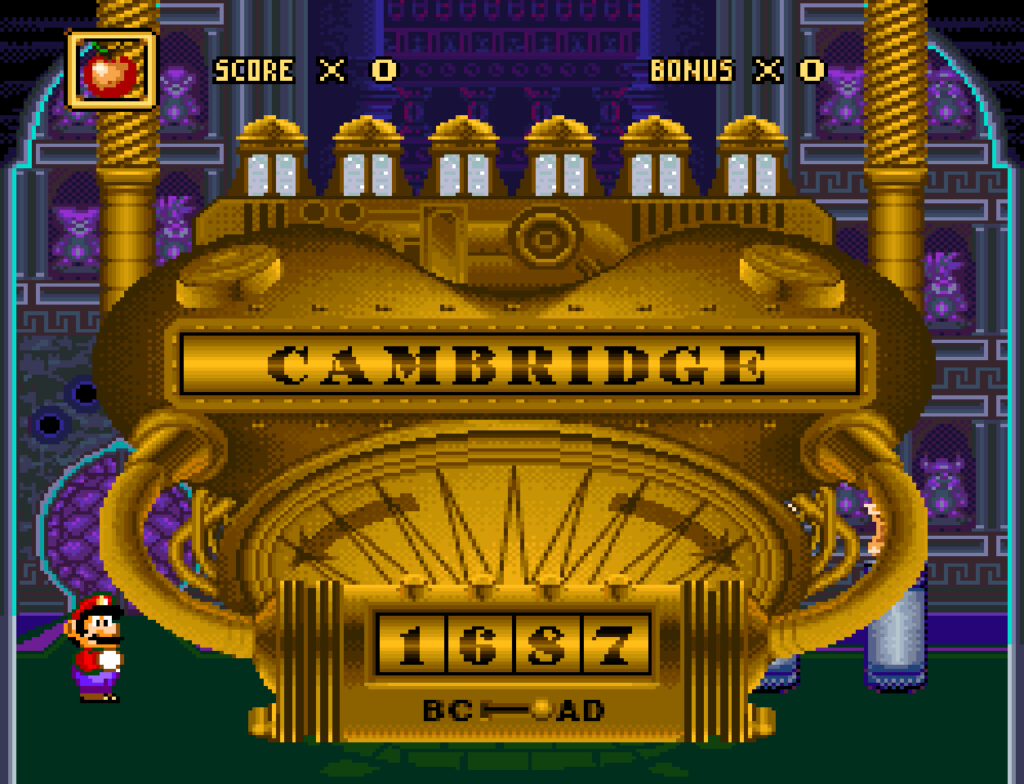 The player sets the location and time on a steampunk time machine.