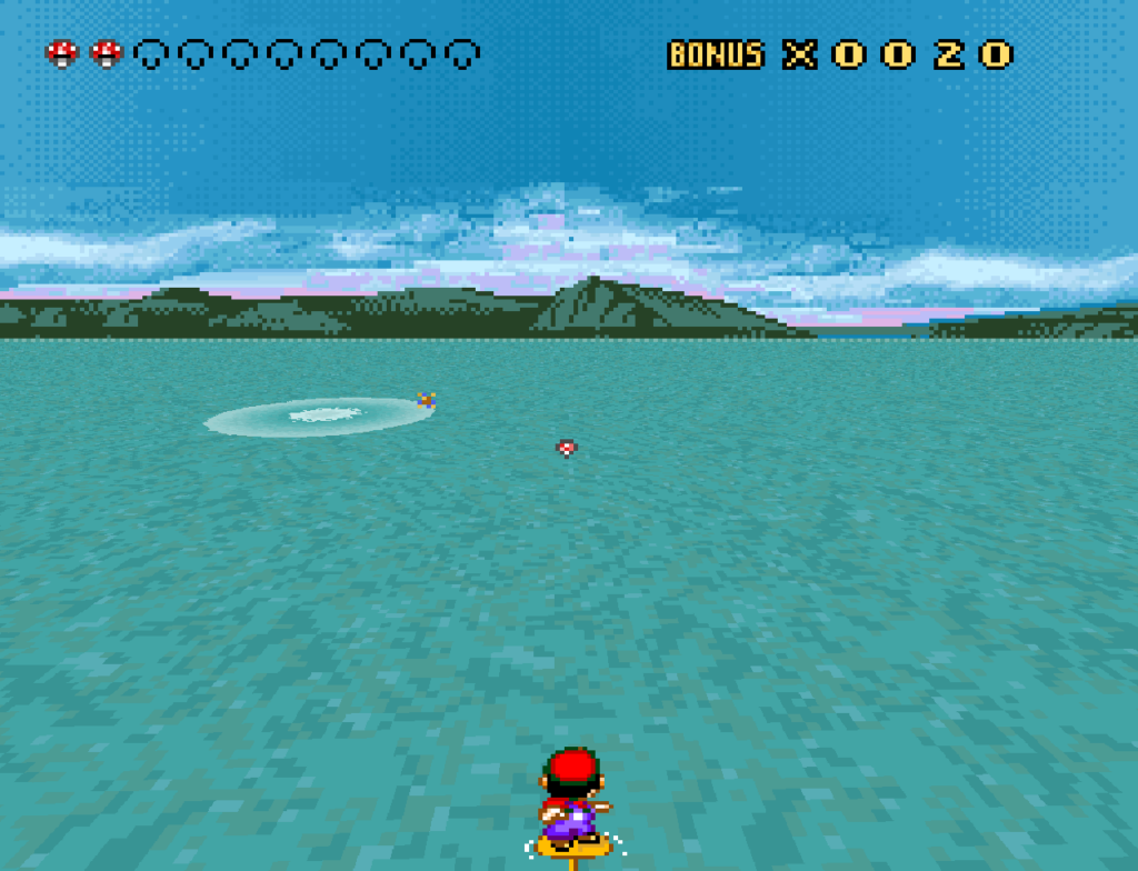 Mario surfs toward a mushroom while avoiding a whirlpool.