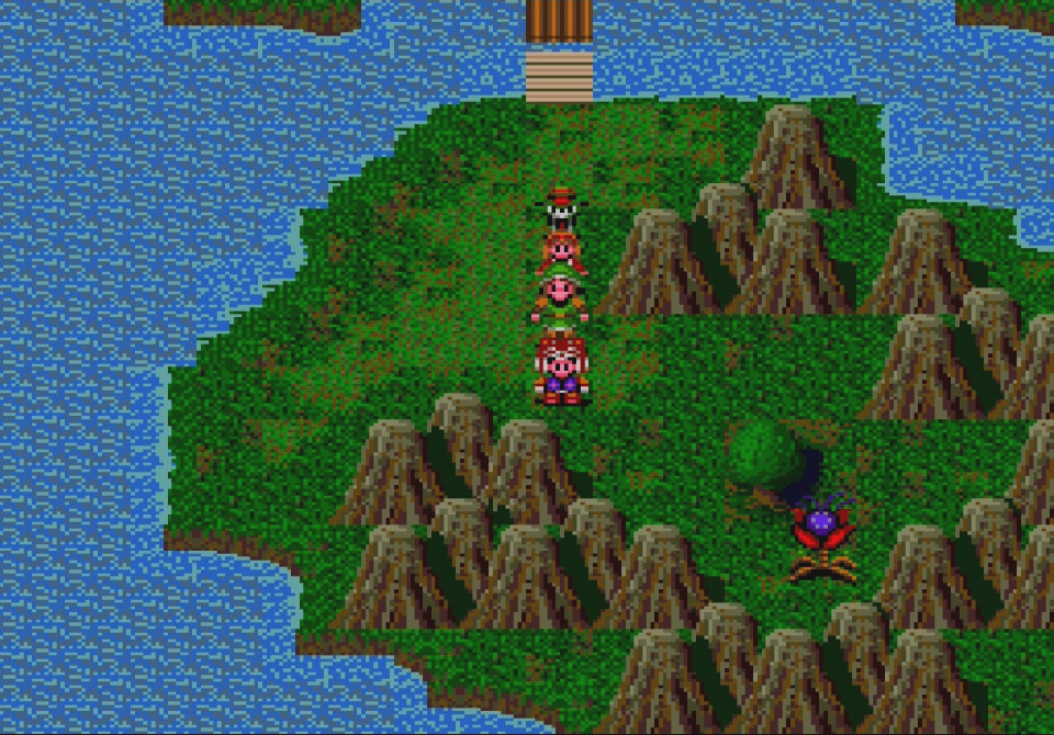 Yu and friends approach a giant plant on the overworld.