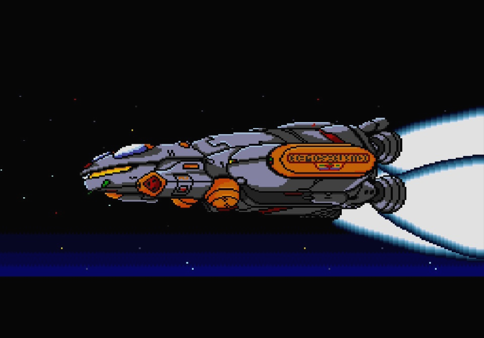 An animated space ship flies through outer space.