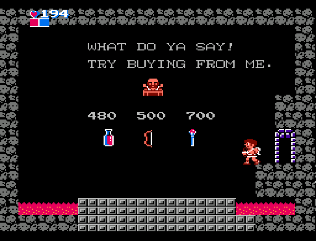 A shop owner sells his wares inside a dungeon.