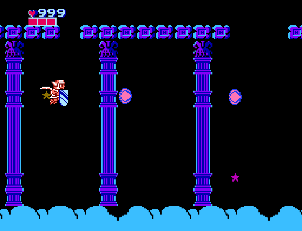 Pit flies through the air using the three legendary artifacts.