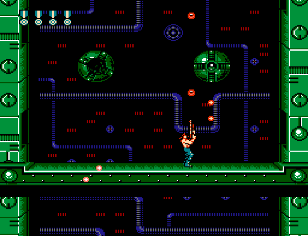 The player shoots at floating turrets while riding an elevator moving upward.