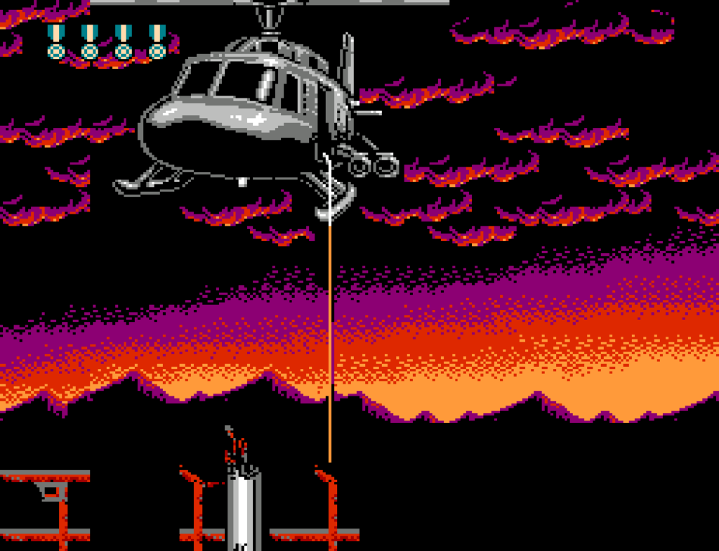 A helicopter flies in the sky with the sun setting in the background.