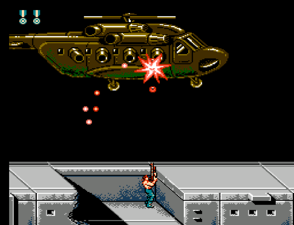The player battles against a helicopter dropping projectiles toward them.