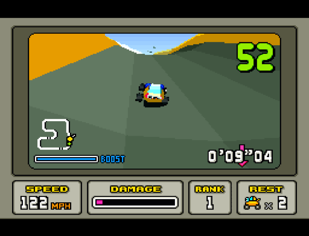 The player crosses a bridge in an outside area in one of the first race courses.
