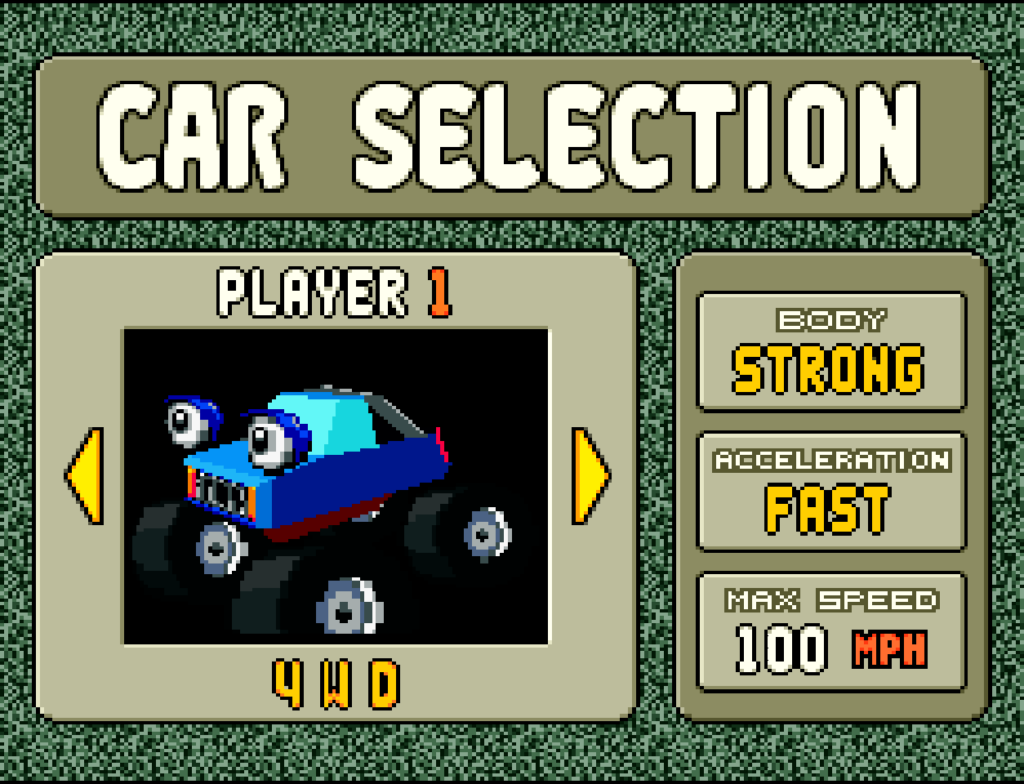 The car select screen in Stunt Race FX.