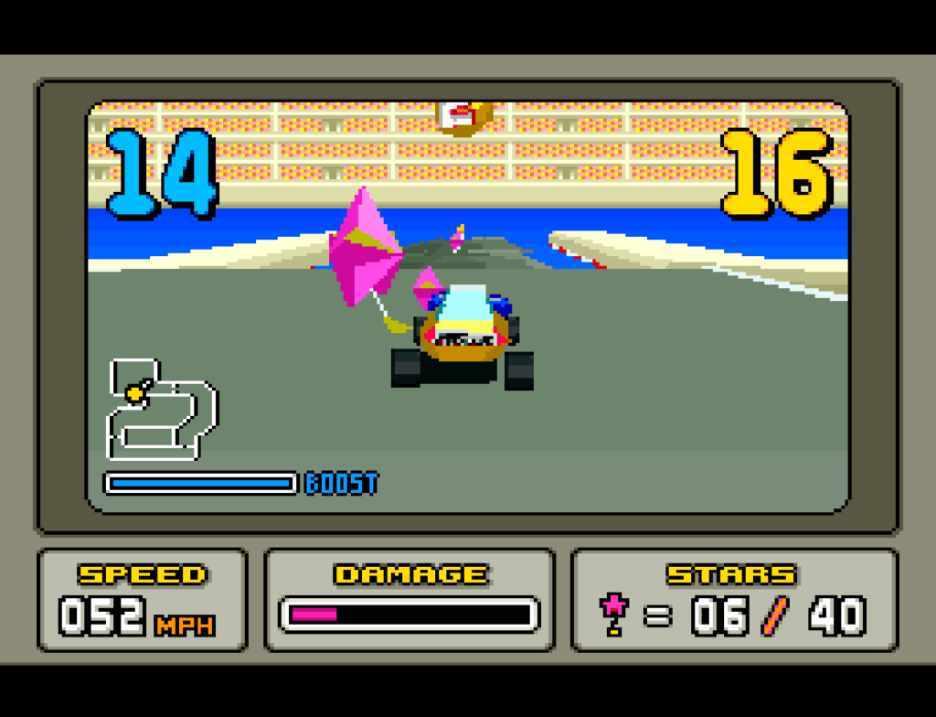 The player's car approaches a star to collect in the stunt tracks mode.