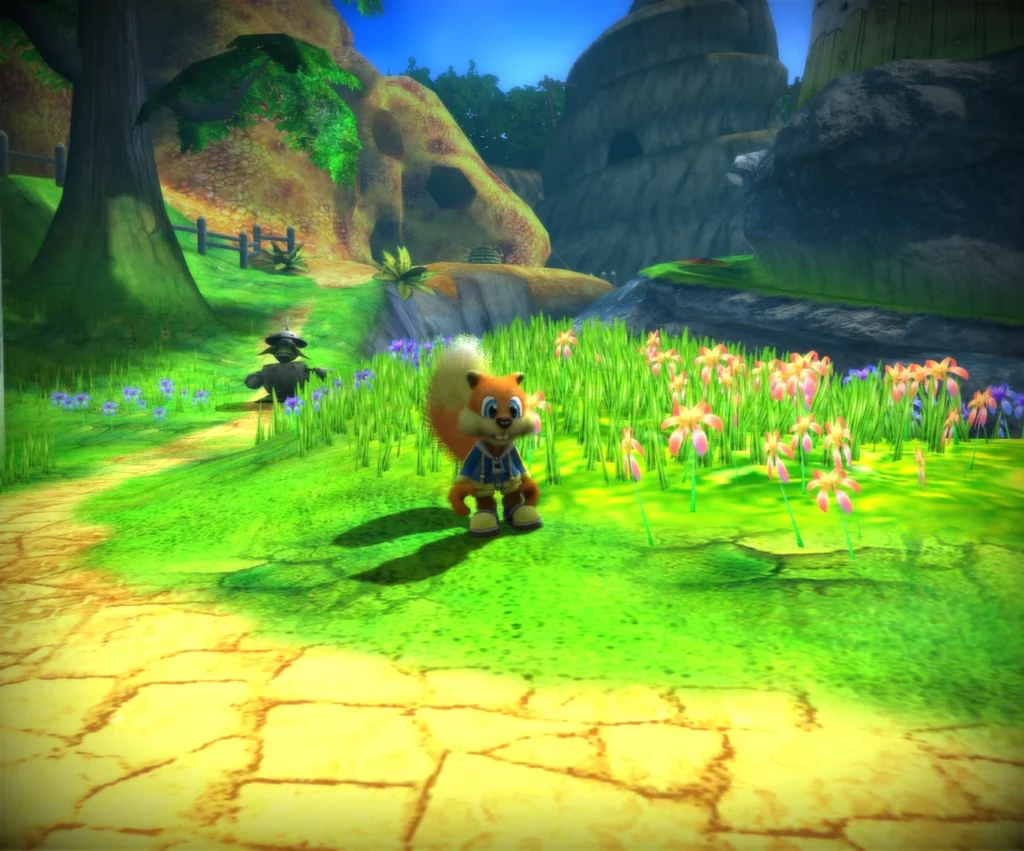 Conker stands on a mountain path covered in grass, with an enemy approaching in the distance.