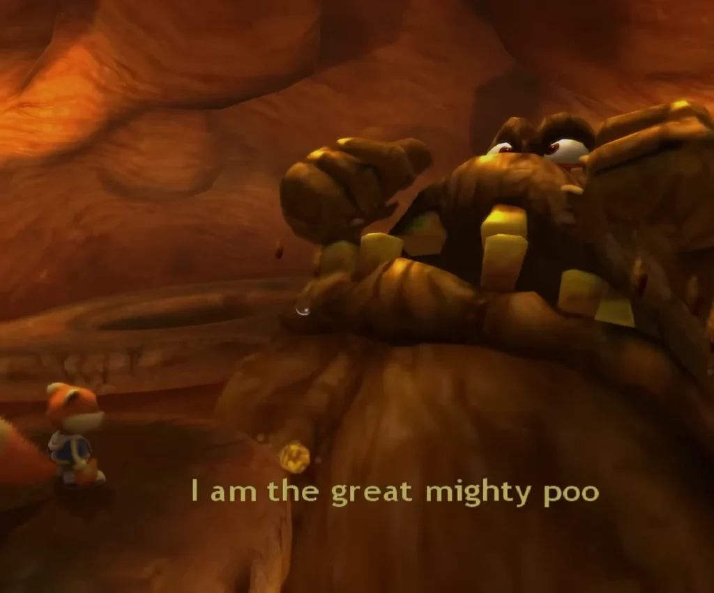 A boss character named the Great Mighty Poo sings a song to Conker.