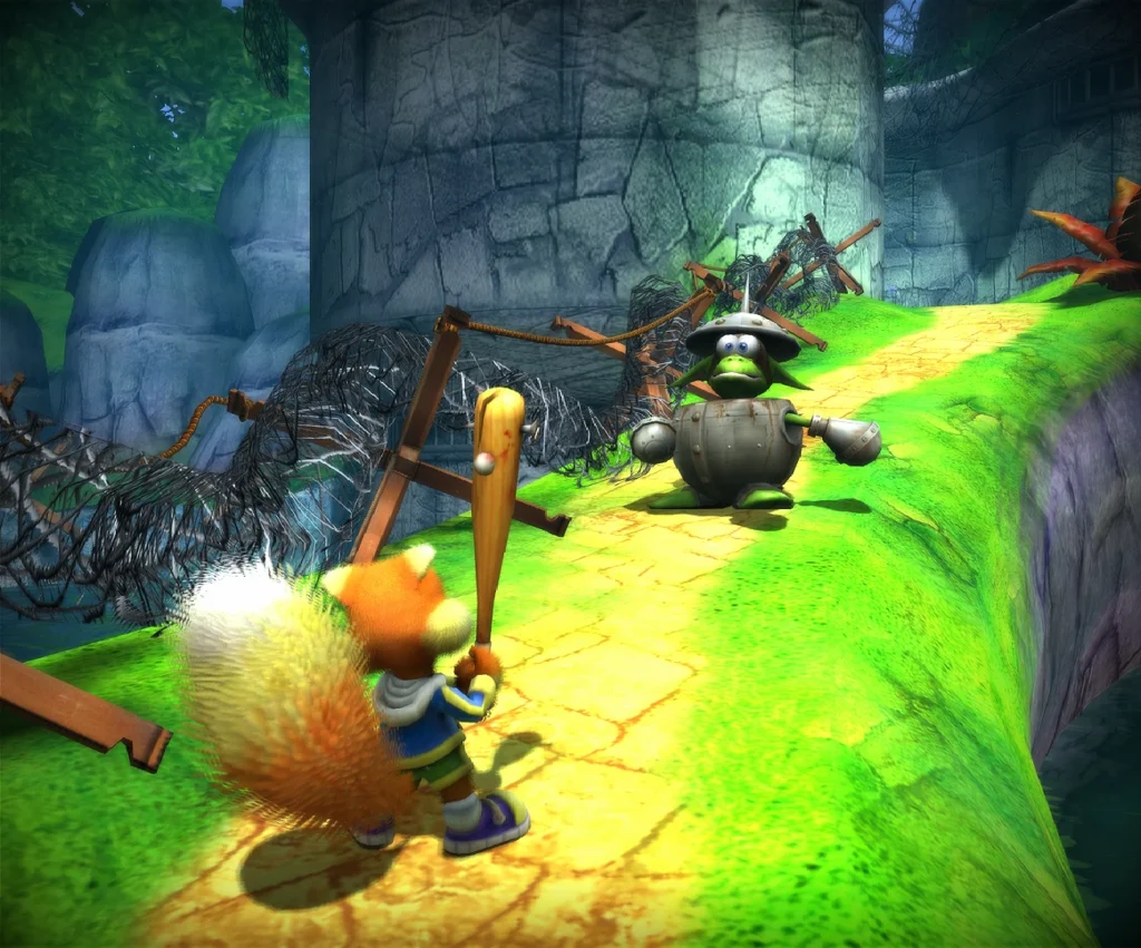 Conker equips his baseball bat while approaching an enemy on a path.