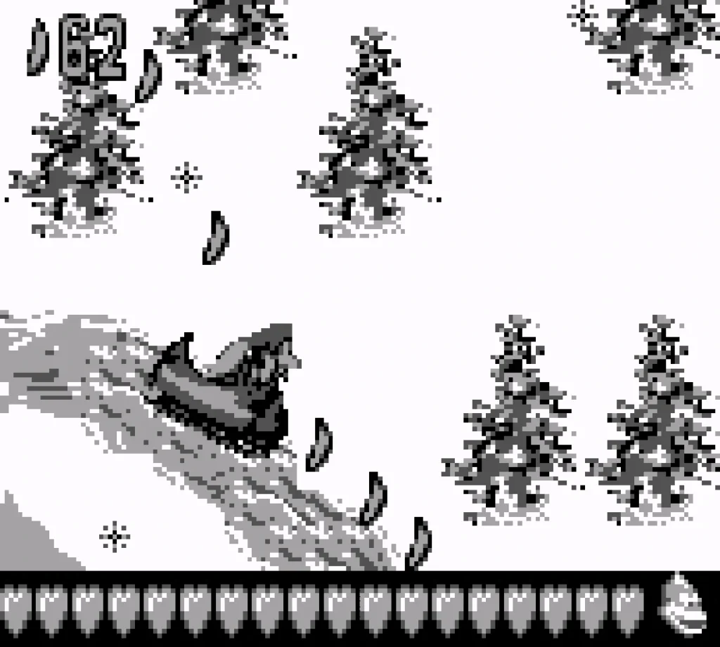 Dixie Kong rides a toboggan downhill in an ice based stage.